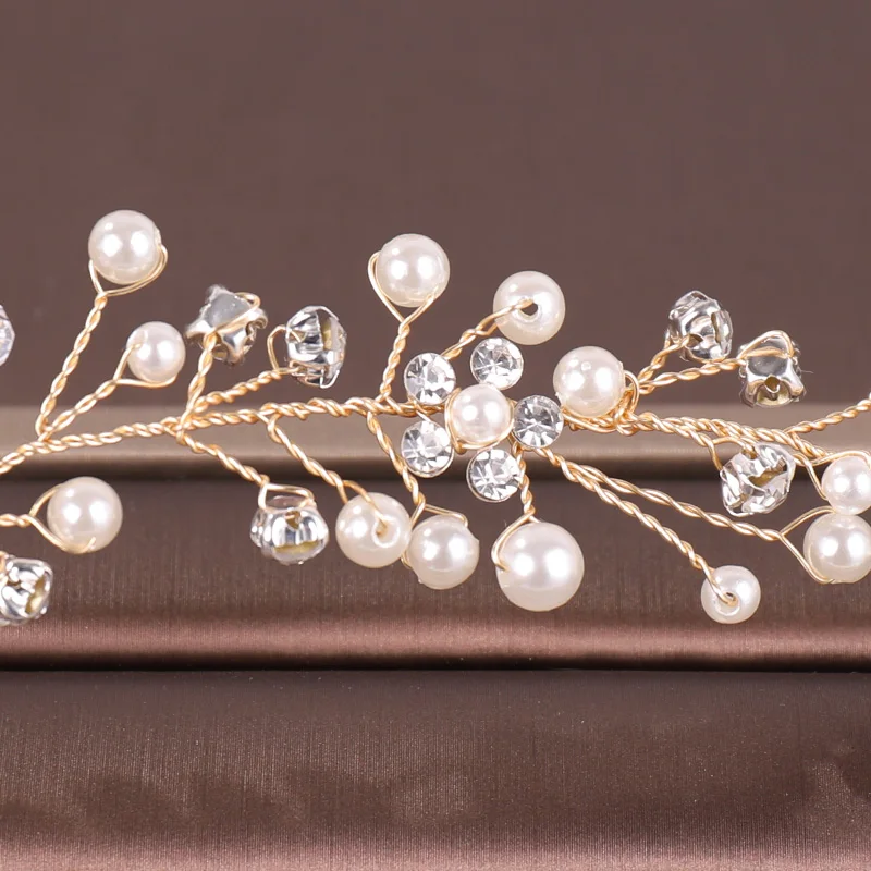 Trendy Gold Pearl Crystal Wedding Headband tiara Bridal Headpiece Hairband  Wedding Hair Accessories Women Hair Jewelry Handmade
