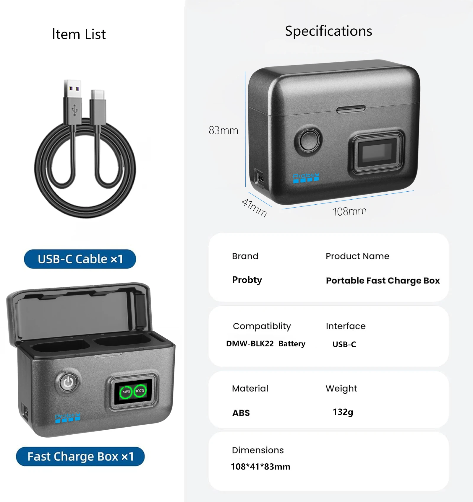 Probty DMW-BLK22 شاحن سريع محمول لـ Lumix DC-S5، S5II، S5IIX، S5M2، S5M2X، S1RII، GH6، GH6L، GH5II، G9M2