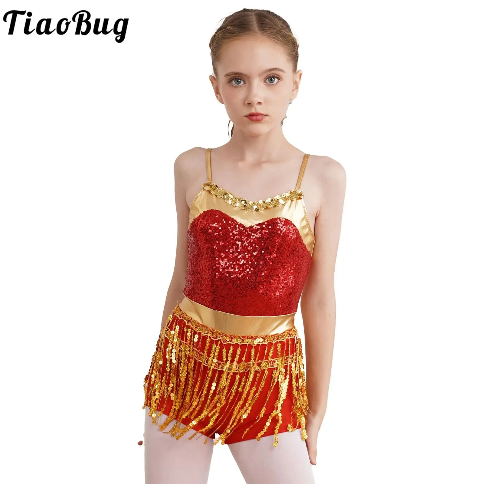 Kids Girls Latin Jazz Dance Bodysuit Figure Skating Jumpsuit Shiny Sequin Metallic Fringe Cha-cha Samba Performance Dancewear