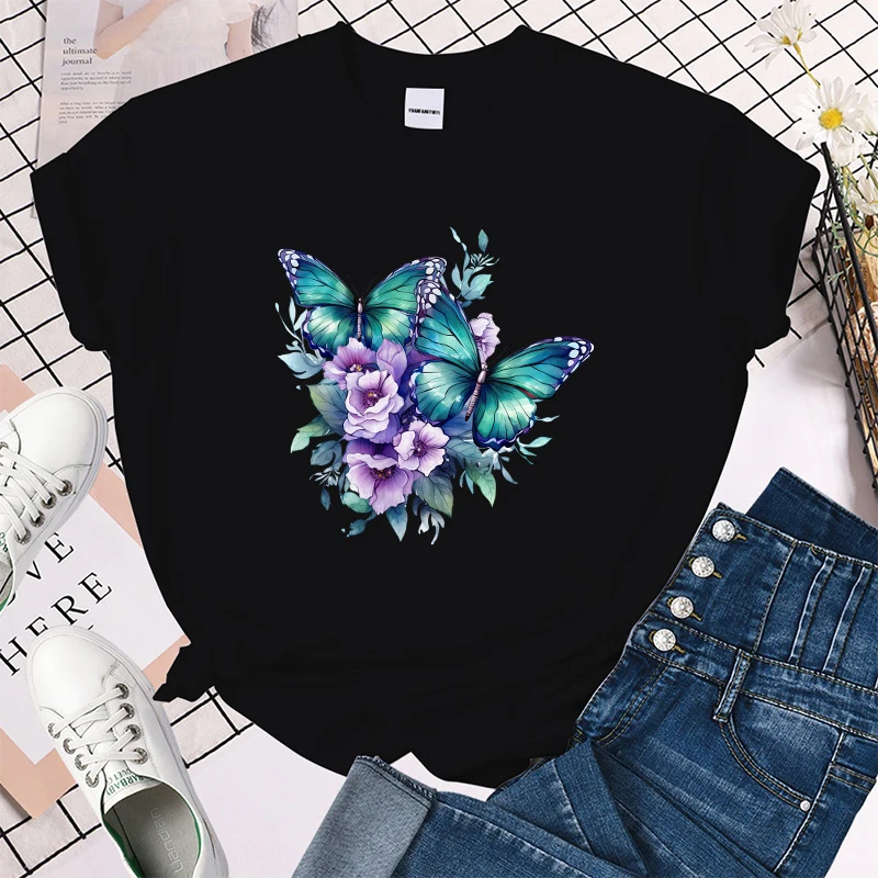 (Premium T-shirt)Funny Flower Butterfly Print T-Shirts For Women Summer Round Neck Tee Shirt Femme Fashion Casual T-Shirts