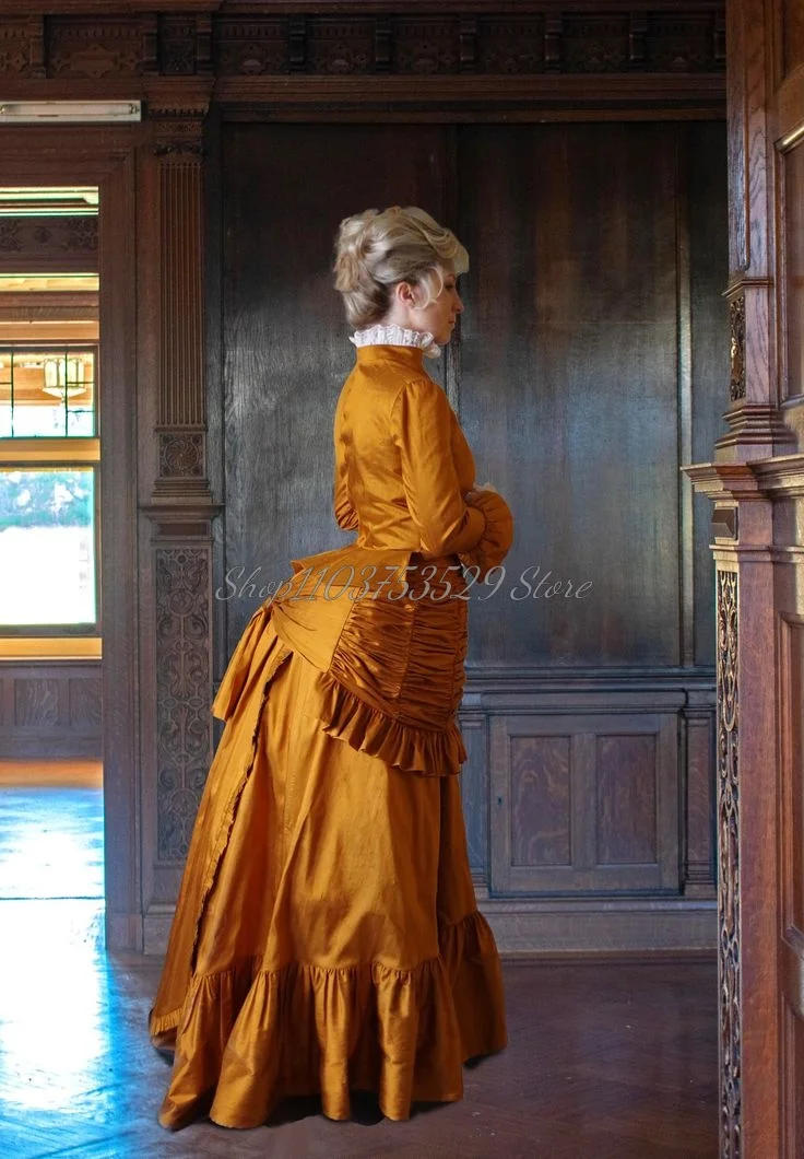 Medieval Vintage Goose Yellow Prom Dresses Simple Victorian Ruffle Hem Pleated Poncho Elegant High Neck Lace Long Sleeve Dresses