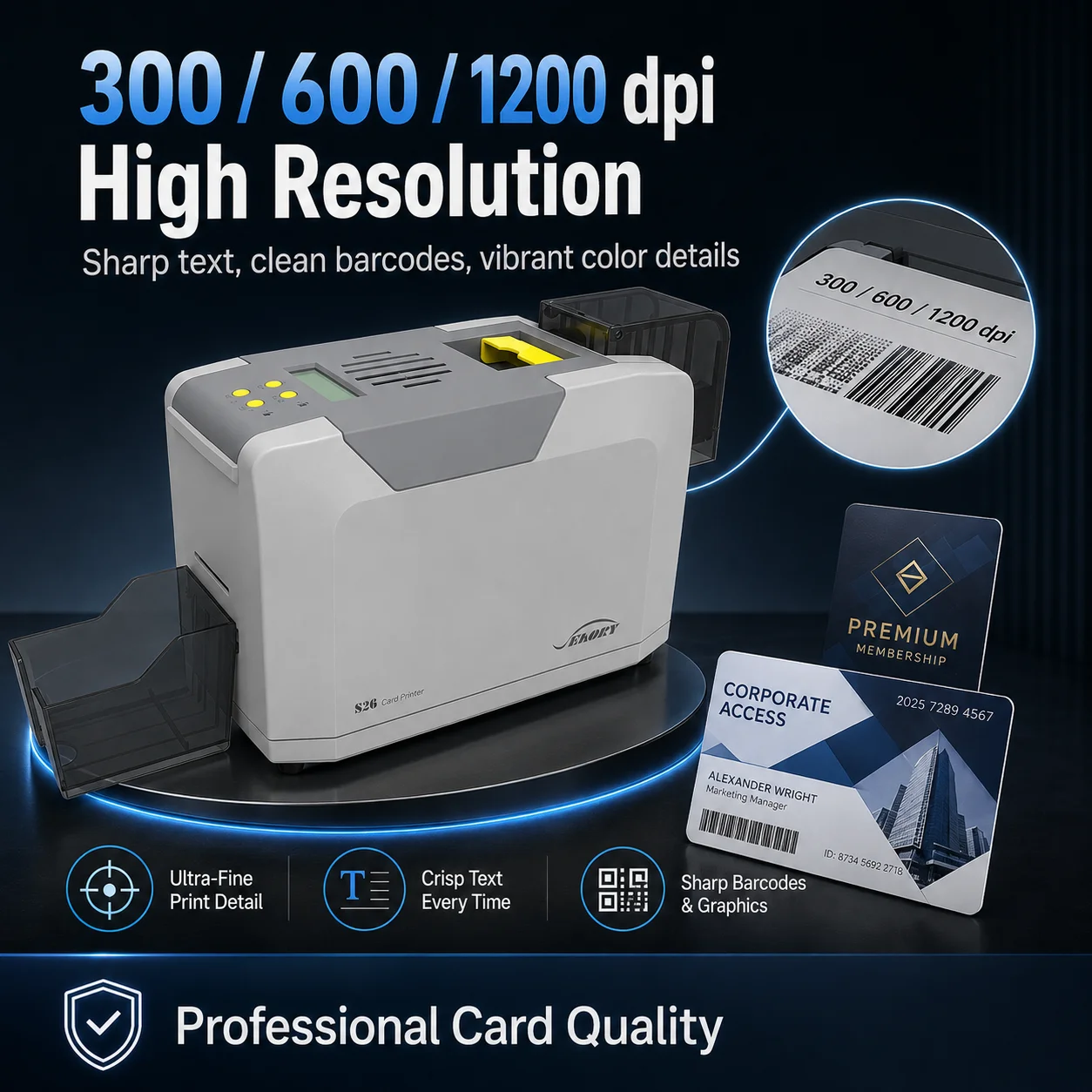 S26 ID Card Printer Single Sided PVC Card Printer 300/600/1200dpi Badge Printer USB Ethernet for Employee Membership Cards