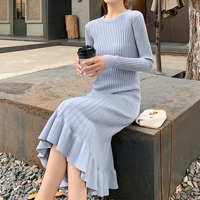 Blue Elegant Women Knitted Dress Soft Autumn Slim Waist Thicken Knitwear Korean Streetwear Lovely Long Wool Vestido Winter