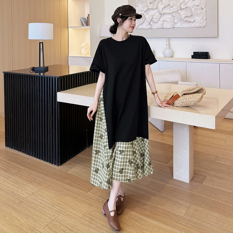 ルーズ婦人服 2025 夏プラスサイズの女性の Tシャツドレスチェック柄パッチワーク Vestidos プリント花女性ローブ KE7795