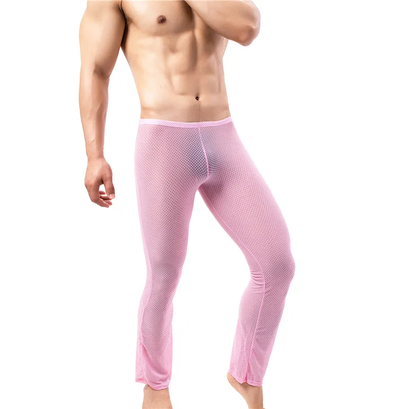 Men Underwear Pants Mesh See Through Long Johns Breathable Loose Trousers Transparent Sleep Bottoms Gay Pajama Pants Homewear