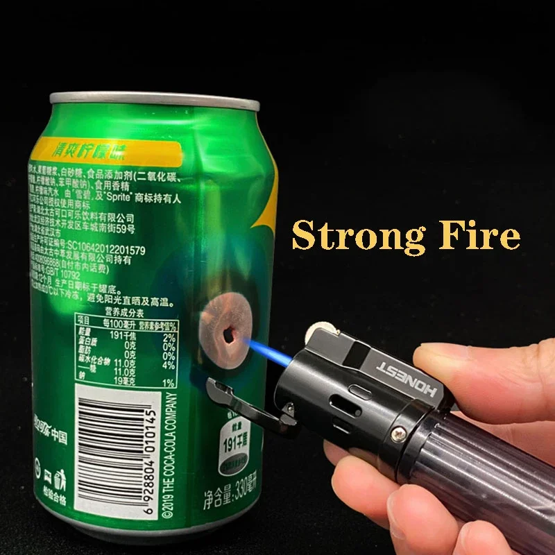 Honest Butane Gas Cigar Lighter Transparent Visible FuelTank Fire LOCK Set Windproof Blue Jet Flame Grinding Wheel Outside Tool