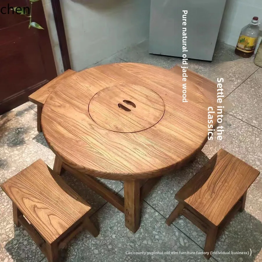 CZ Round Fire Pit  Tea Brewing Table Courtyard Hot Pot Barbecue Table New Chinese Style Elm Wood Solid Wood Dining Table