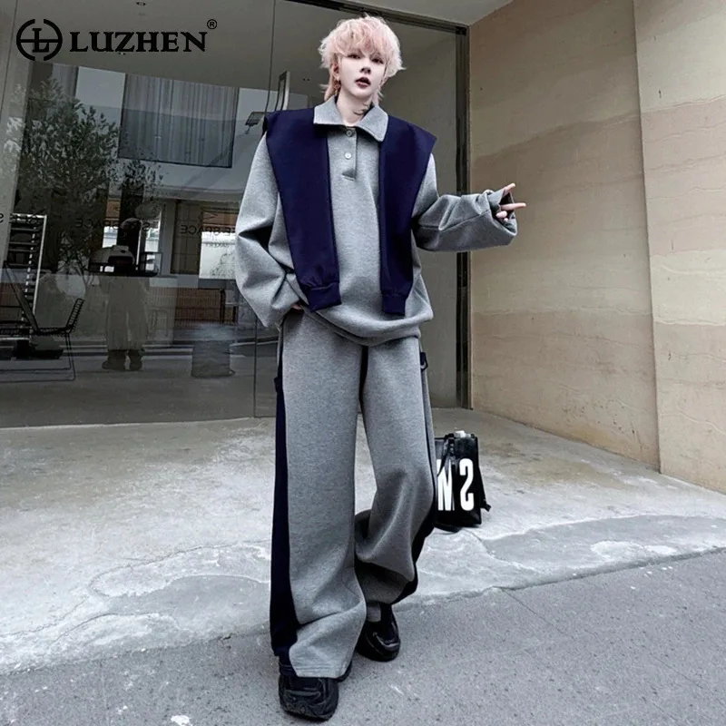 

LUZHEN Shawl Decorate Design Loose Lapel Sweatshirt Men Original 2025 Spring Decorate Loose Straight Pants Two-piece Sets JY5501