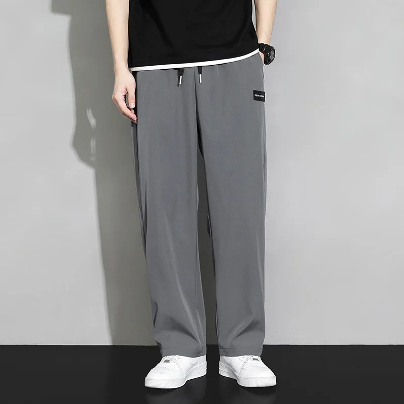 Ice Silk Straight Leg Pants Men's Summer Thin Qui Dry Loose Summer Drape Wide Leg Sports Casual Pants Polyester Fiber