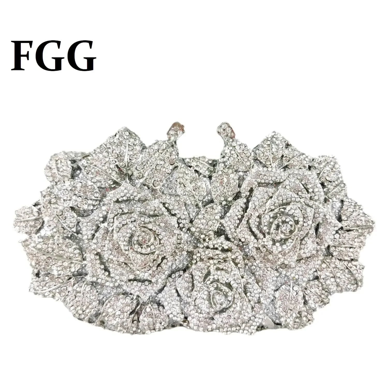 

Boutique De FGG Luxury Silver Crystal Clutch Bags Women Formal Party Flower Evening Purses Bridal Wedding Rhinestone Handbags