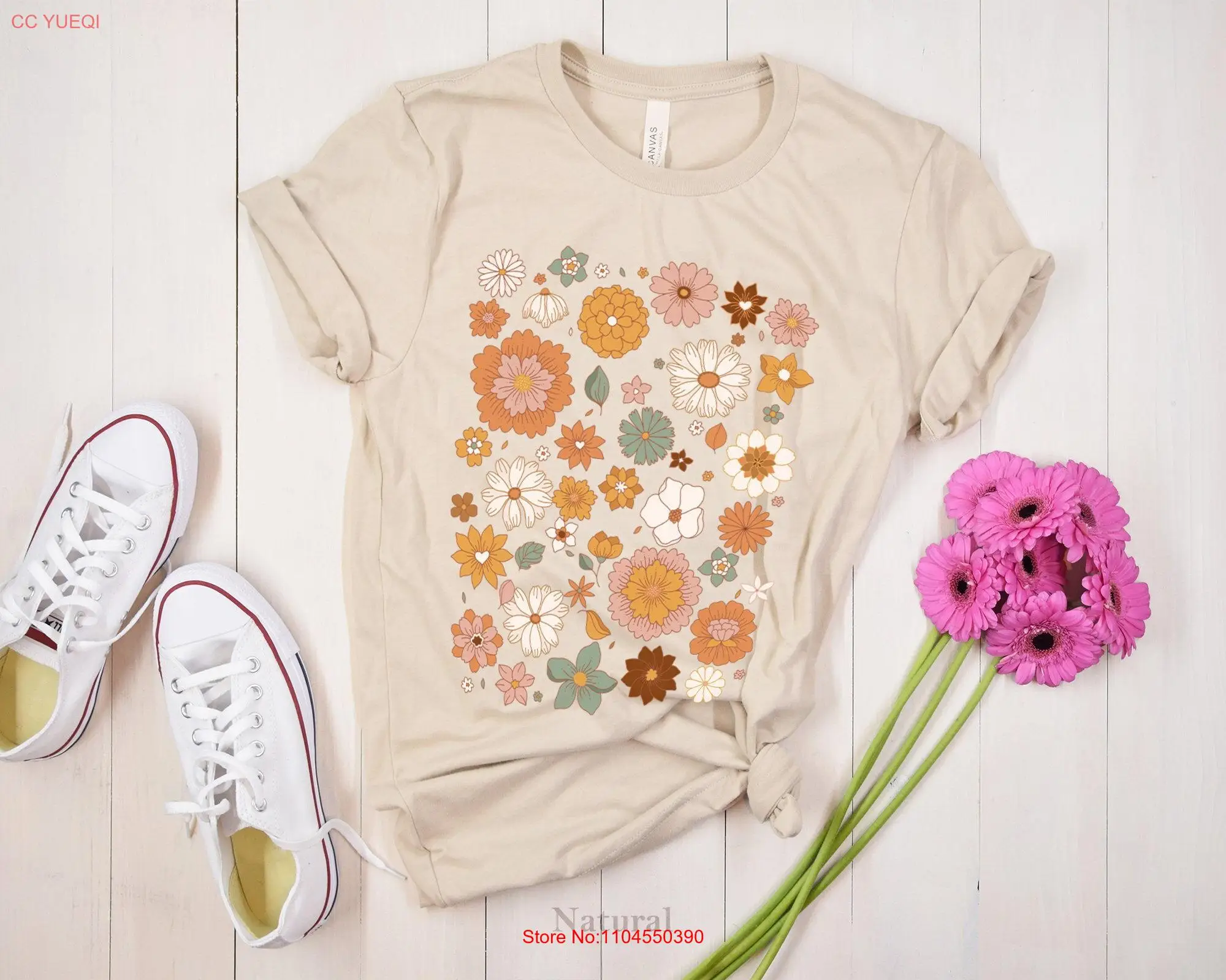 تي شيرت نسائي على شكل زهرة برية، خزانة ملابس ربيعية ملونة، فكرة عيد الأم، وقت الربيع النابض بالحياة، بأكمام طويلة أو قصيرة #1