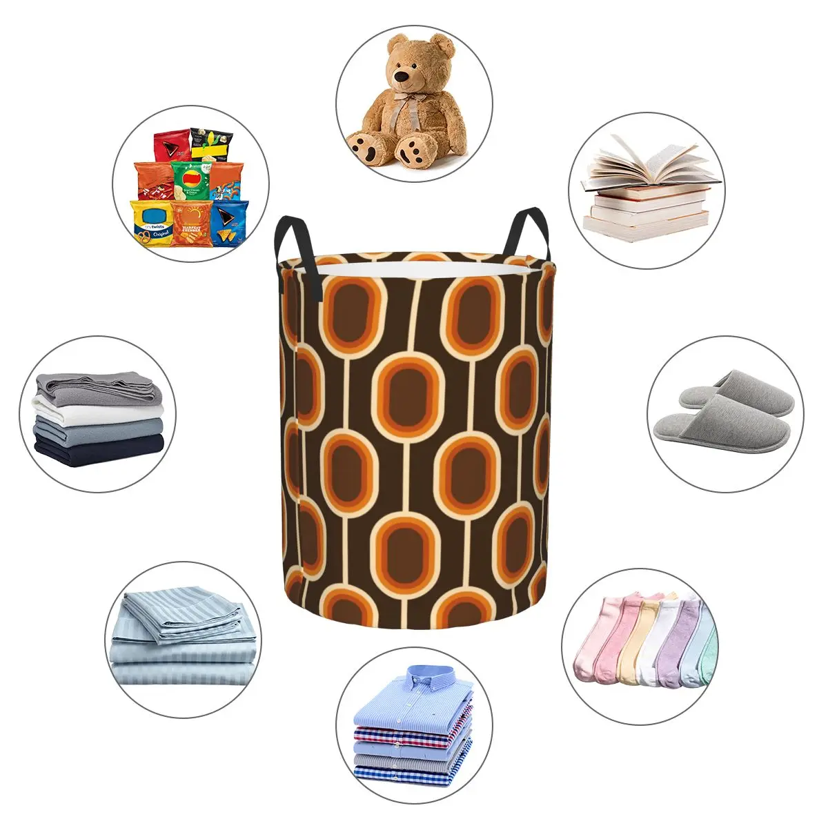 Custom 70s Pattern Orange And Brown Connected Nodes Laundry Hamper Large Clothes Storage Basket Colorful  Toy for Boy Gir