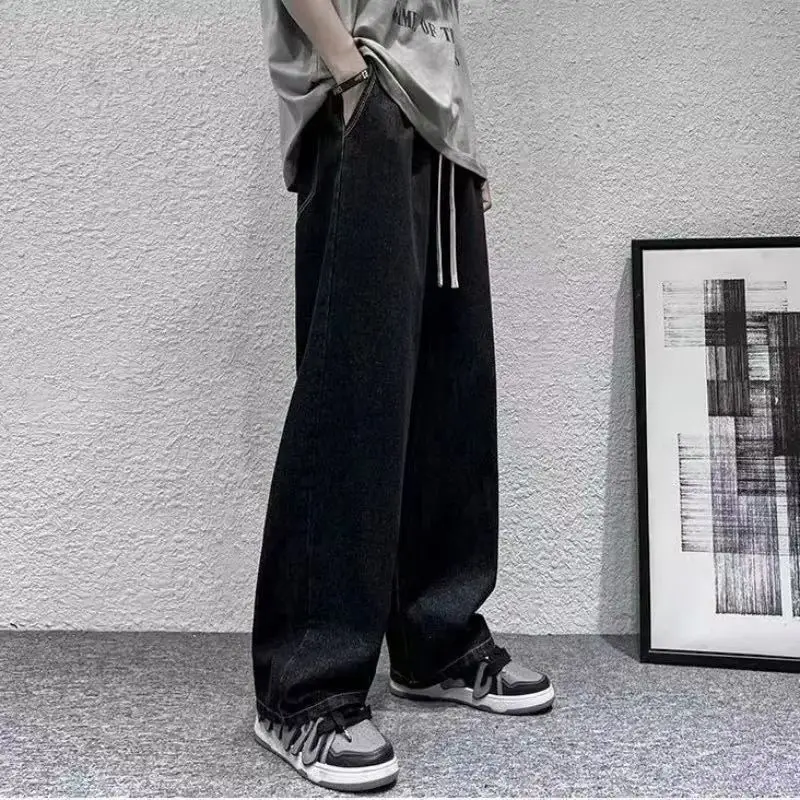 

2025 Новые корейские мужские повседневные длинные джинсы, классические мужские прямые джинсовые широкие брюки, спортивные штаны, однотонные, светло-синие, серые, черные, M-3XL