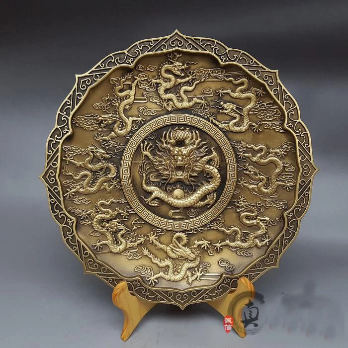 LARGE  Southeast Asia FENG SHUI Mascot HOME office SHOP ART Money Drawing GOOD LUCK  # Royal 9 Dragons Brass Decorative plate
