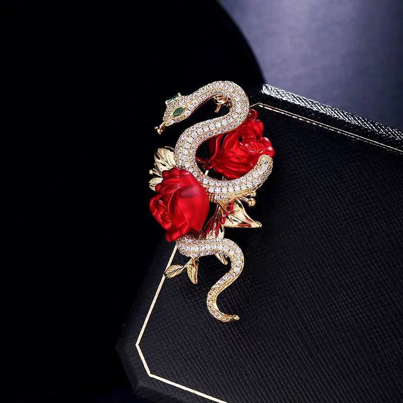 New Design Rose Flower Snake Brooches for Women Shiny Rhinestone Animal Plant Persimmon Pins Girls Office Party Corsage Jewelry