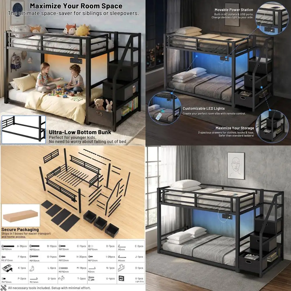 Space-Saving Twin Bunk Bed with Storage, Desk, Shelves, Power Outlet, LED Lights, Safety Rails & Metal Slats - Black