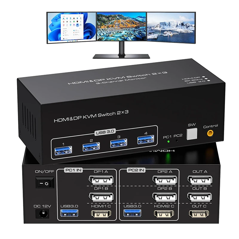 

4K @ 120Hz HDMI и 2 Displayport KVM переключатель, тройной монитор 3 монитора 2 компьютера DP 1,4 8K порт дисплея для 2 ПК или ноутбуков