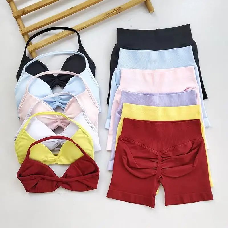 HISTELLO Sports Set  Piece Women Strappy Gym Yoga Bra Workout Scrunch Shorts Fitness Sports Suit Clothes Seamless Yoga Set