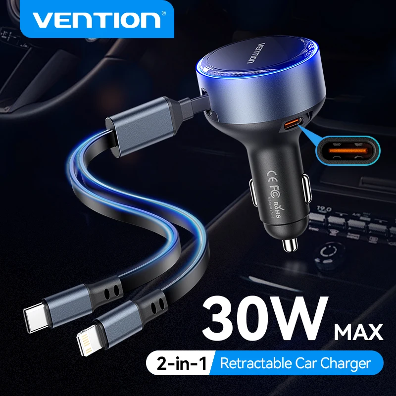 Vention 2-in-1 Retractable Car Charger USB Charge 30W Max PD Fast Quick Charging With Cable For iPhone Samsung Xiaomi Huawei