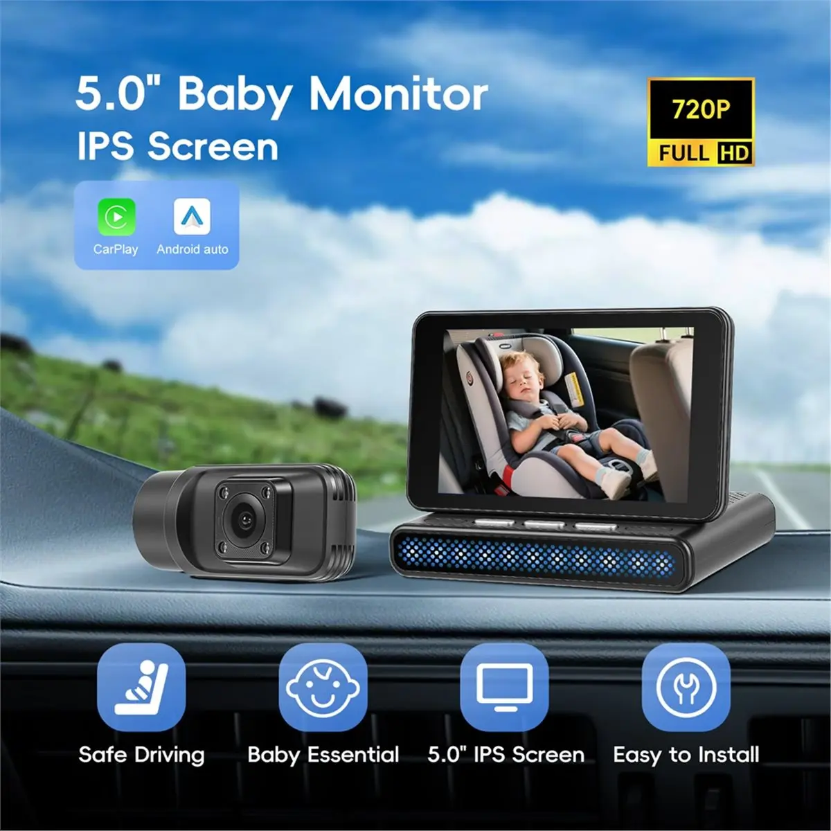 RECOMMENDATION  Baby Car Camera HD 720P, Rear-Facing Infant Monitor with Night Vision Car Camera, Wireless CarPlay Android Auto