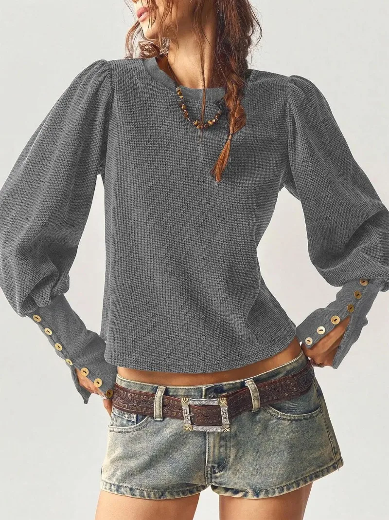 Women Autumn Winter Waffle Knit Sweatshirt Solid Long Sleeve Button Cuff Cropped Top Vintage Loose Casual Warm Pullover Blouse