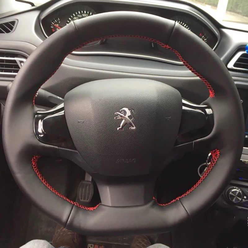 For Peugeot 308 2014-2017 Hand Stitched Non-Slip Black Genuine Leather Car Steering Wheel Cover