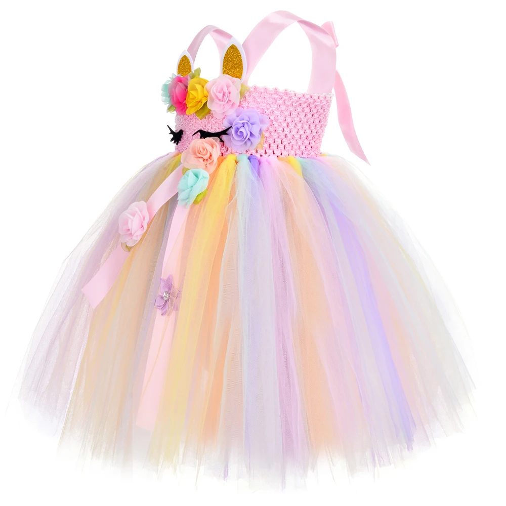 Pastel Flowers Girls Unicorn Dresses for Kids Birthday Christmas Costumes Girl New Year Princess Ballet Tutus Outfit with Wings