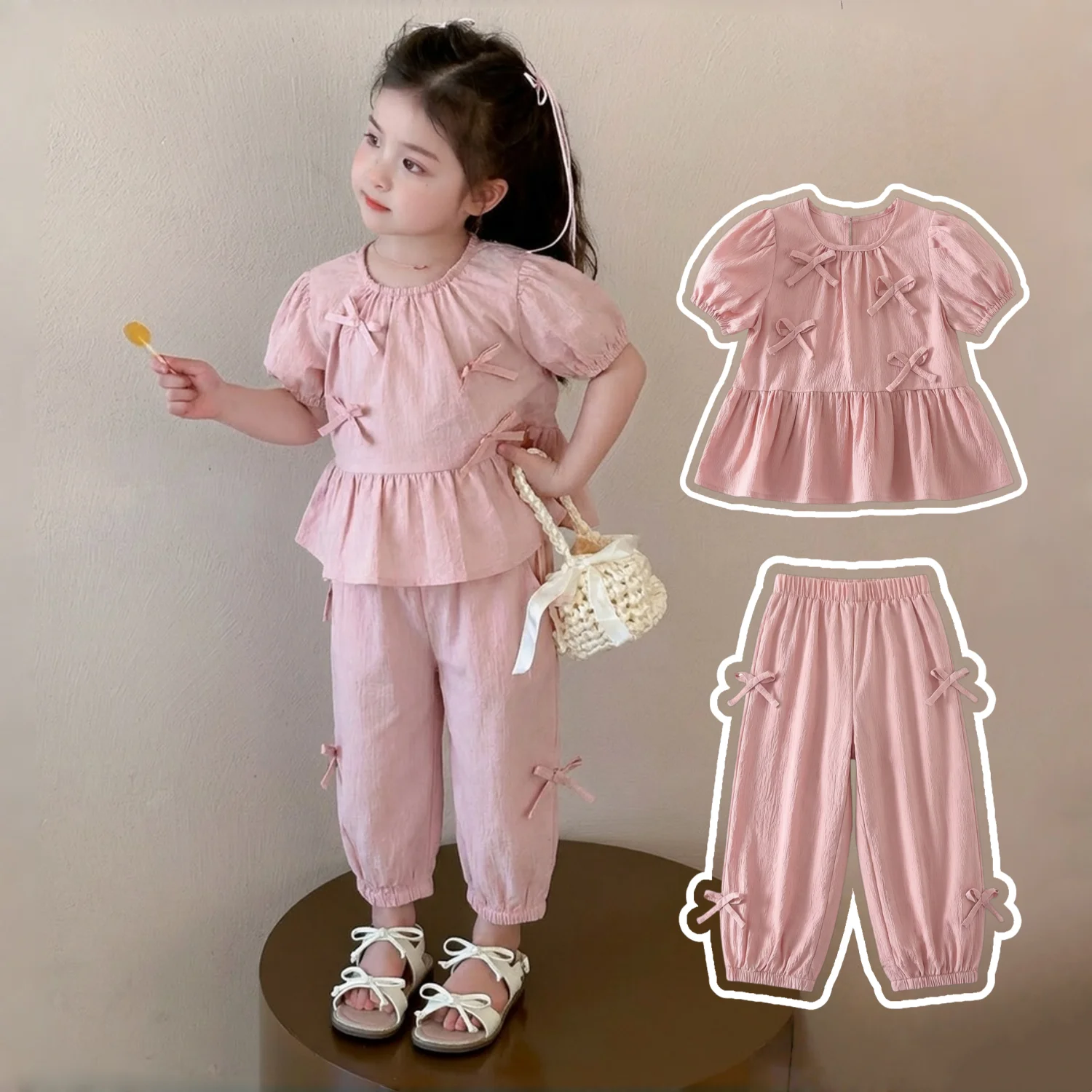 Conjunto de Verão Rosa Doce e Fofo com Manga Bufante e Laço, Pulôver e Calças em Duas Peças, Roupas Casuais de Princesa, Versão Coreana