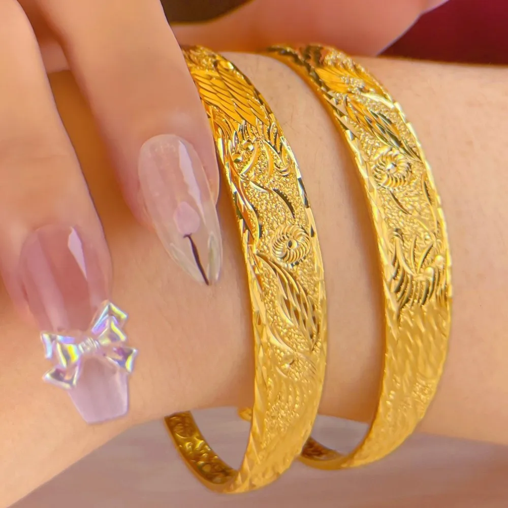 Luxury 24K 9999 Pure Gold real gold Women's Dragon and Phoenix Lotus Push-Pull Bracelet Carved Adjustable Engagement Bracelet
