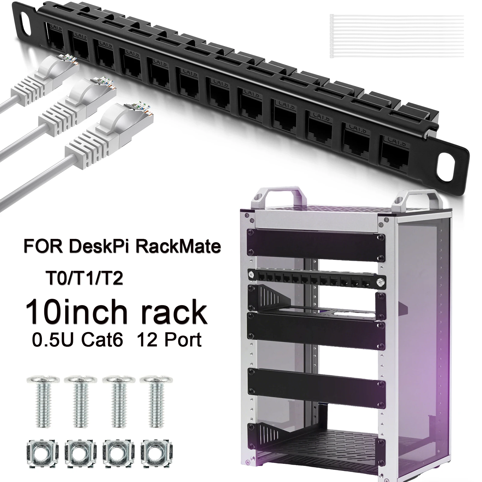 12 Port Patch Panel Compatible for DeskPi RackMate T1/T0/T2 10inch 0.5U CAT6 Network Patch Panel Server Rack/Network Cabinet