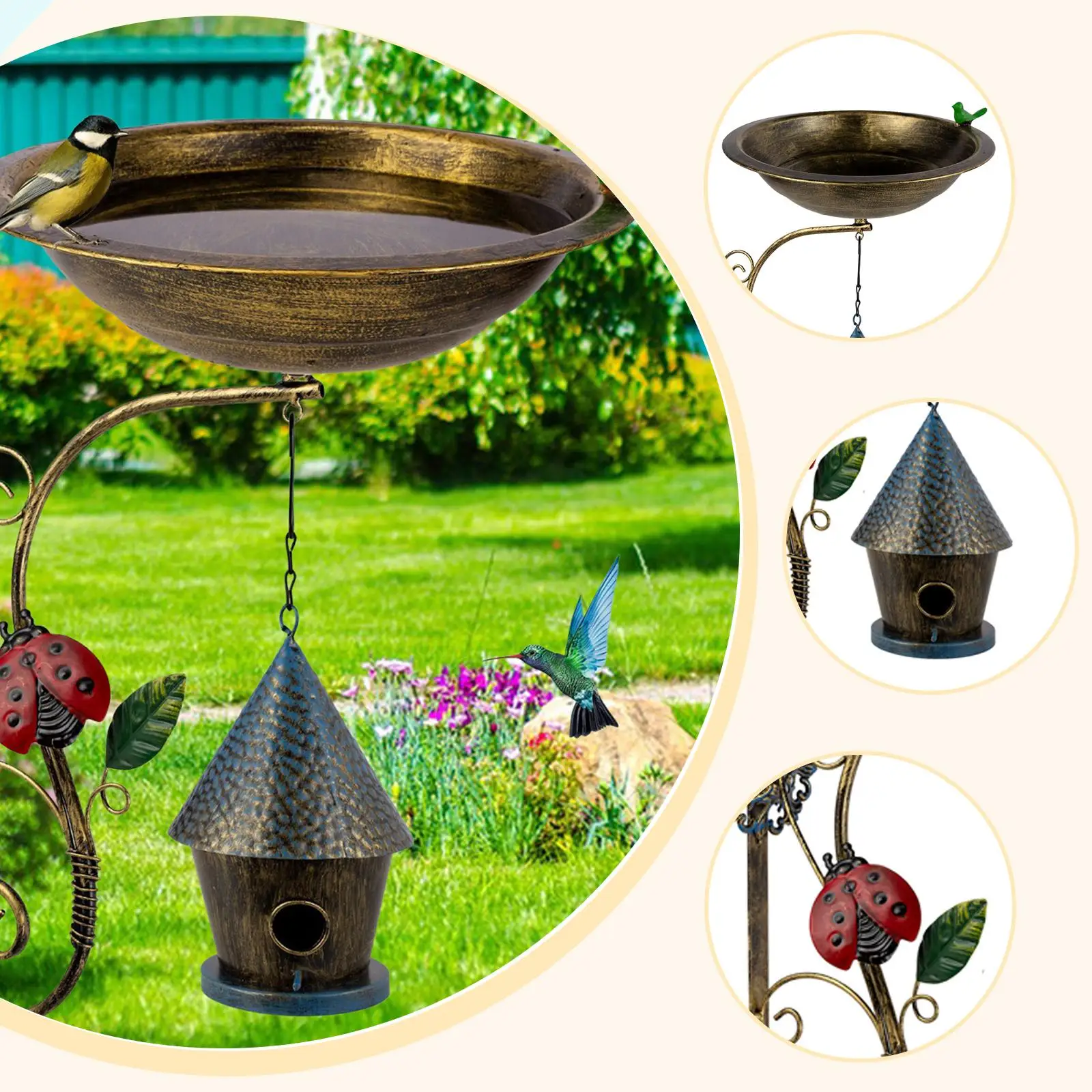 

Wall Mounted Bird Bath Bowl Metal Decor with Birdhouse Garden Tool Birdfeeder Birdbath for Trees Yard Art Balcony Fence Lawn
