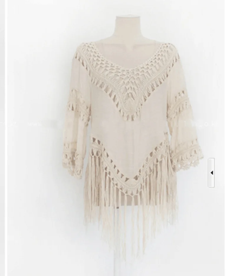 Cotton Linen Hollow Out Hand Crochet Women Bikini Cover Up Long Tassels Fringed Beach Dress V-neck Half Sleeve