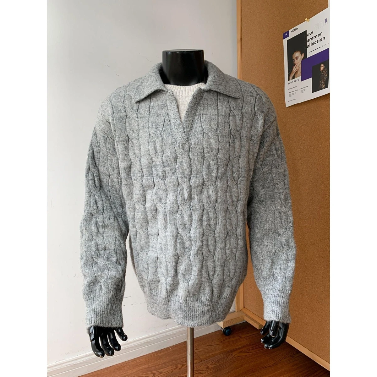 

Loose Fit Knitted Sweater with Collar Fake Two-Piece Design Men's Autumn Winter New Sle Casual Comfortable Polyester Fiber