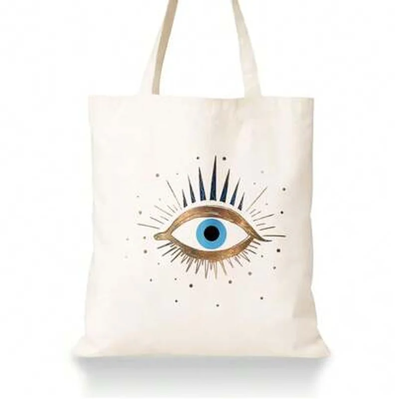 Boho Evil Eye Canvas Tote Bag Retro Blue Iris Sunburst Art Print Casual Reusable Women Shoulder Shopping Bag
