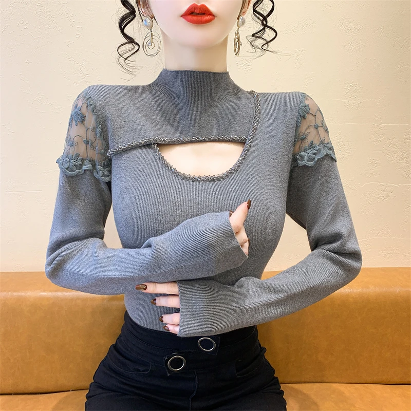 

2025,New,European,Clothes,Knitted,Sweater,Women,Fashion,Sexy,Mock Neck,Hollow Out,Beading,Patchwork,Lace,Long Sleeve,Tops,412121