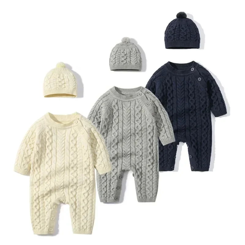 

2pcs Newborn Baby Jumpsuit with Caps Clothes Sets Girl Boy Knitted Rompers Outfits Sets Autumn Winter Toddler Infant Overalls