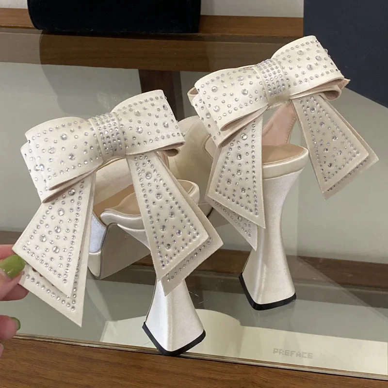 Aneikeh Fashion Women White Rhinestone Bow Platform High Heels Sandals Peep Toe Chunky Heel Wedding Shoe Ankle Strap Party Pumps