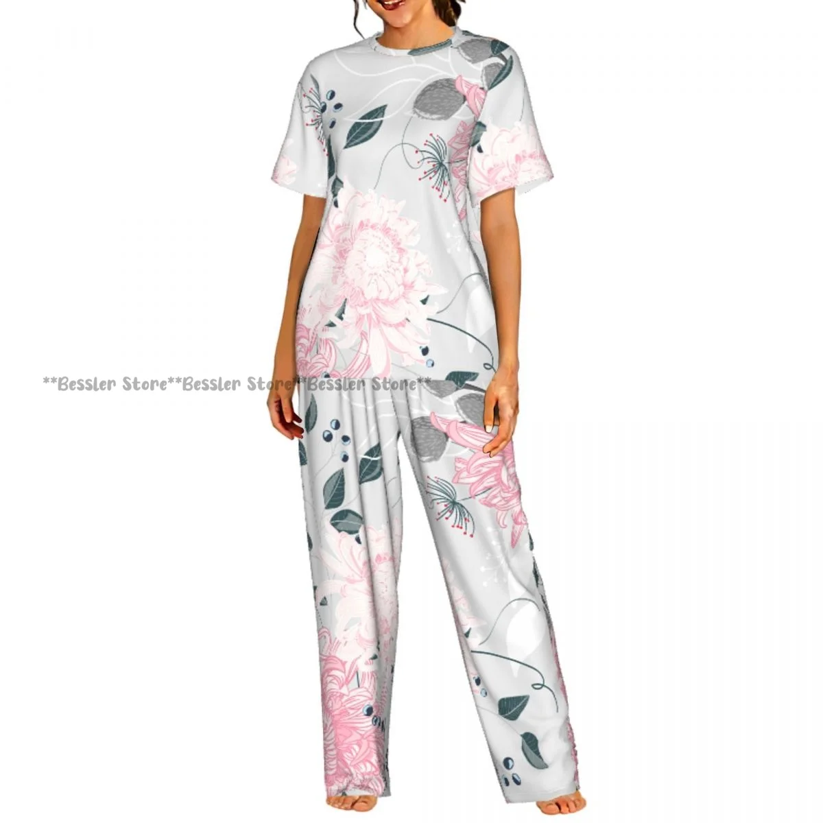 

Женский комплект из 2 предметов: пижама с цветочным принтом (японские хризантемы и травы), топ с короткими рукавами и брюки для сна