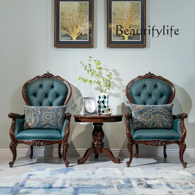 Leather Sofa Chair Solid Wood Small Round Few Retro First Layer Cowhide Casual Armrest Living Room Single ChairBJ