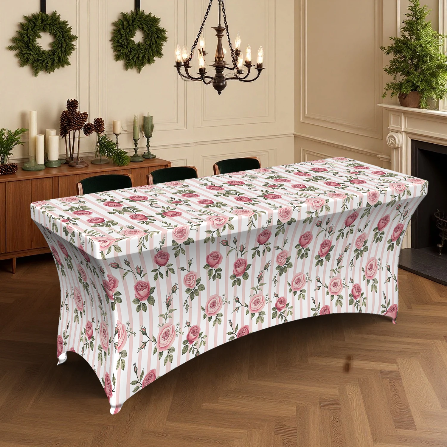 1PC Romantic Pink Rose Floral Printed Elastic Tablecloth, 4/6/8FT Summer Outdoor Stretchable Rectangular Table