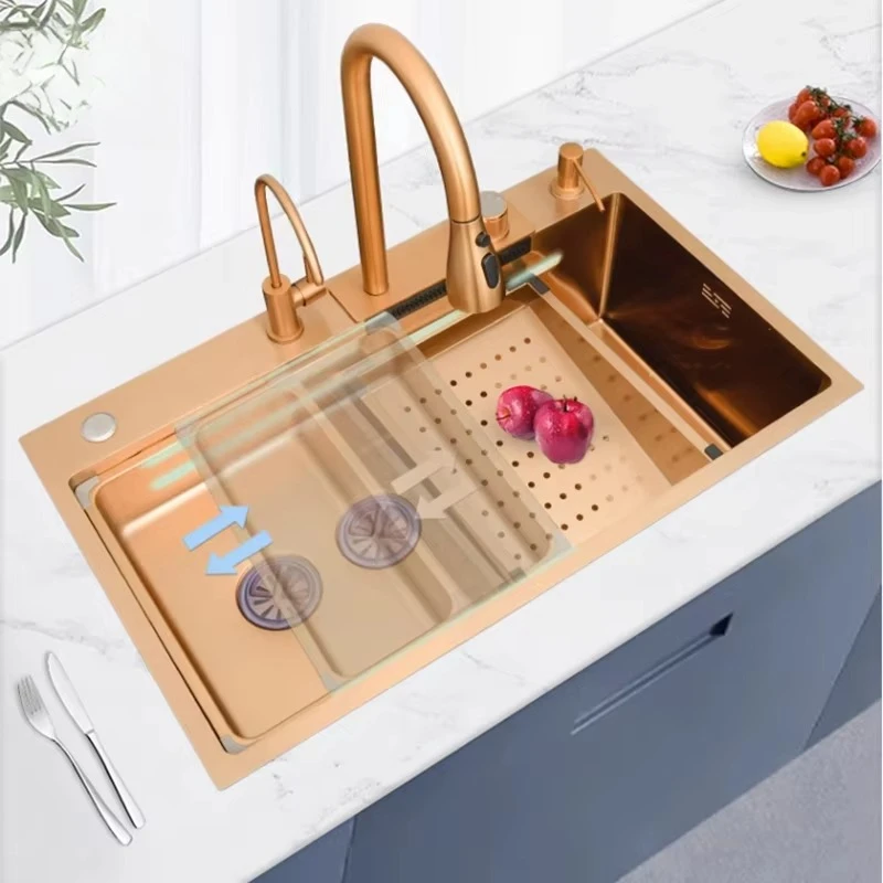 حار بيع الذهب الوردي حوض المطبخ الذكي 304 الفولاذ المقاوم للصدأ شلال صنبور المطبخ اليدوية #3