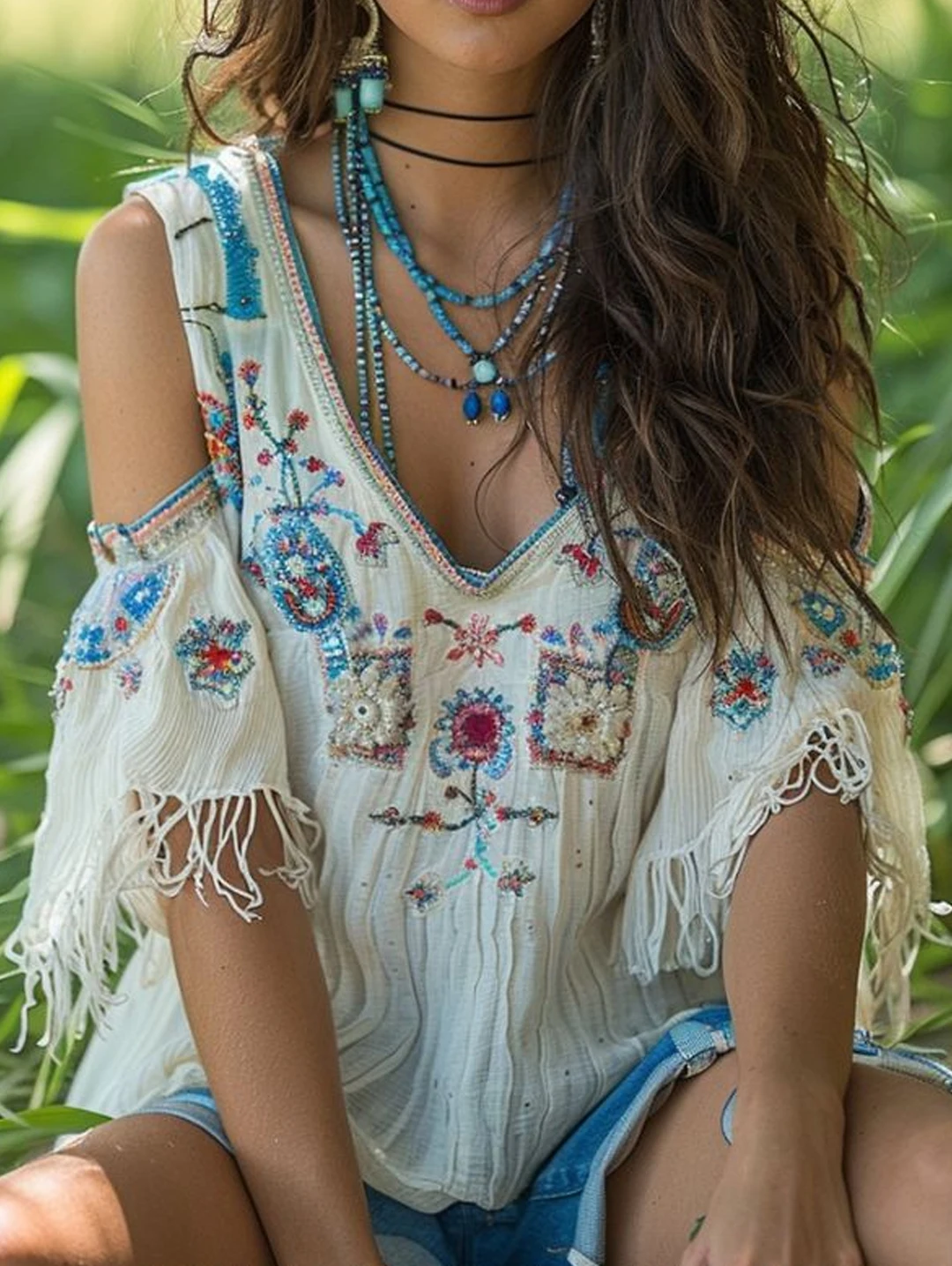 

Рубашка женская с коротким рукавом, пикантная однотонная Повседневная Свободная блузка в стиле бохо, с открытыми плечами, бахромой и V-образным вырезом, модная блузка