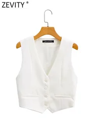 Zevity Women Fashion V Neck Single Breasted Short Vest Office Lady Sleeveless Chic White Suit Business Slim Waistcoat Tops CT556