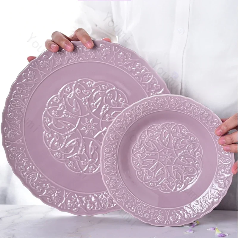 Purple Relief Ceramic Plate Set Retro French Style Exquisite Dining Plates Home Delicious Dishes Fish Plate High End Tableware