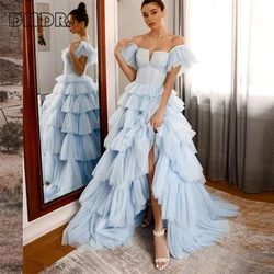 Tiered Tulle Long Prom Dress Flare Sleeve Ball Gown Princess Evening Dresses Robe De Soriee Backless Women Party Gown