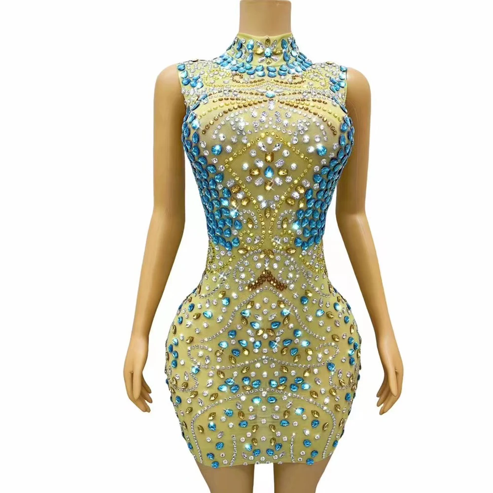 

Sexy Shing Blue Gold Rhinestones Birthday Celebrate Sleeveless Dress Summer Outfit Party Singer Collection Photoshoot Costume