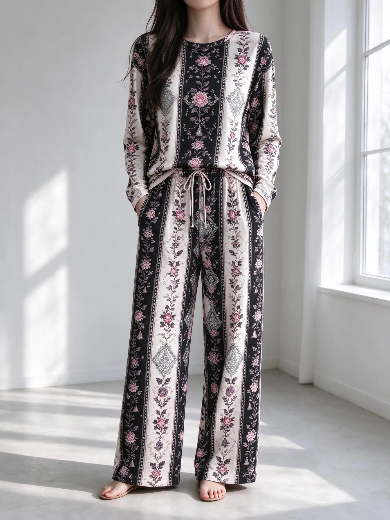 Women Imitation Cotton Pajama Set Retro Stripe Floral Bell Print Round Neck Long Sleeve 2PCS Sleepwear Loungewear