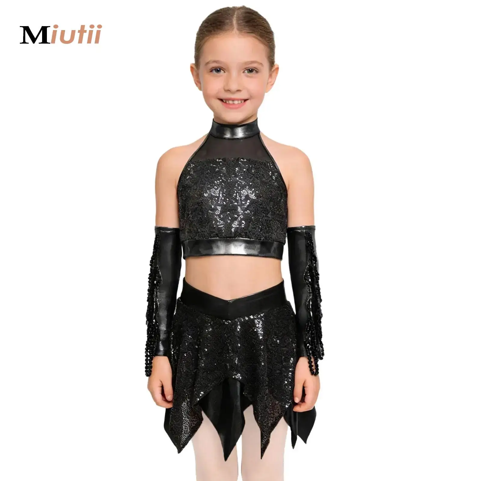 

Kids Girls Sequins Modern Jazz Latin Ballet Dance Dress Shiny Ballet Dance Crop Top And Skirts with Arm Sleeves Performance Suit