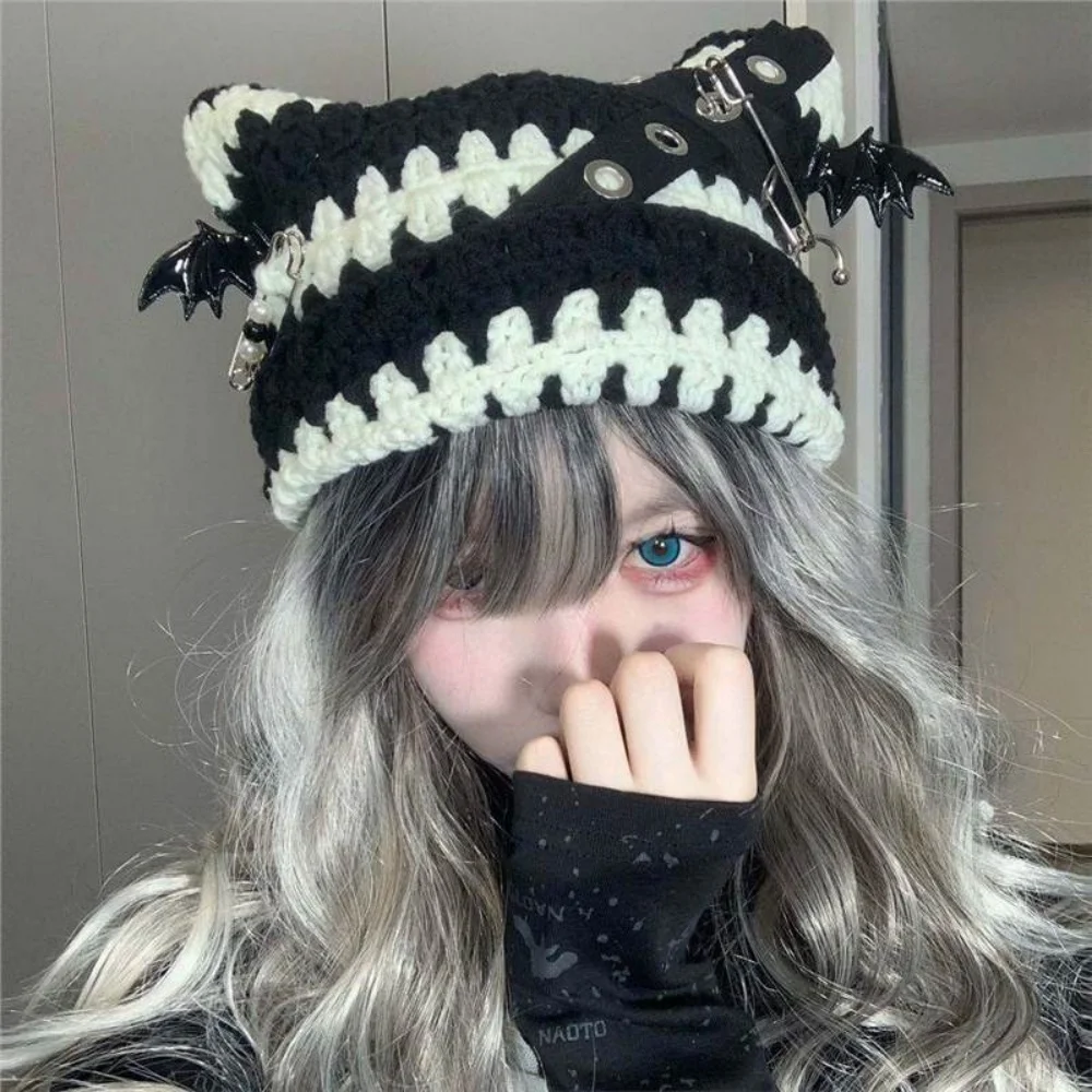 

Original Subculture Punk Cat Ear Hats for Women Harajuku Gothic Cross Pin Knitted Wool Hat Japanese Style Street Winter Y2K Hats