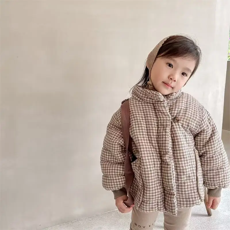2026 Fashion New Winter Toddlers Kids Plaid Thicken Coats Korean Style Fleece Lining Children Warm Outerwear
